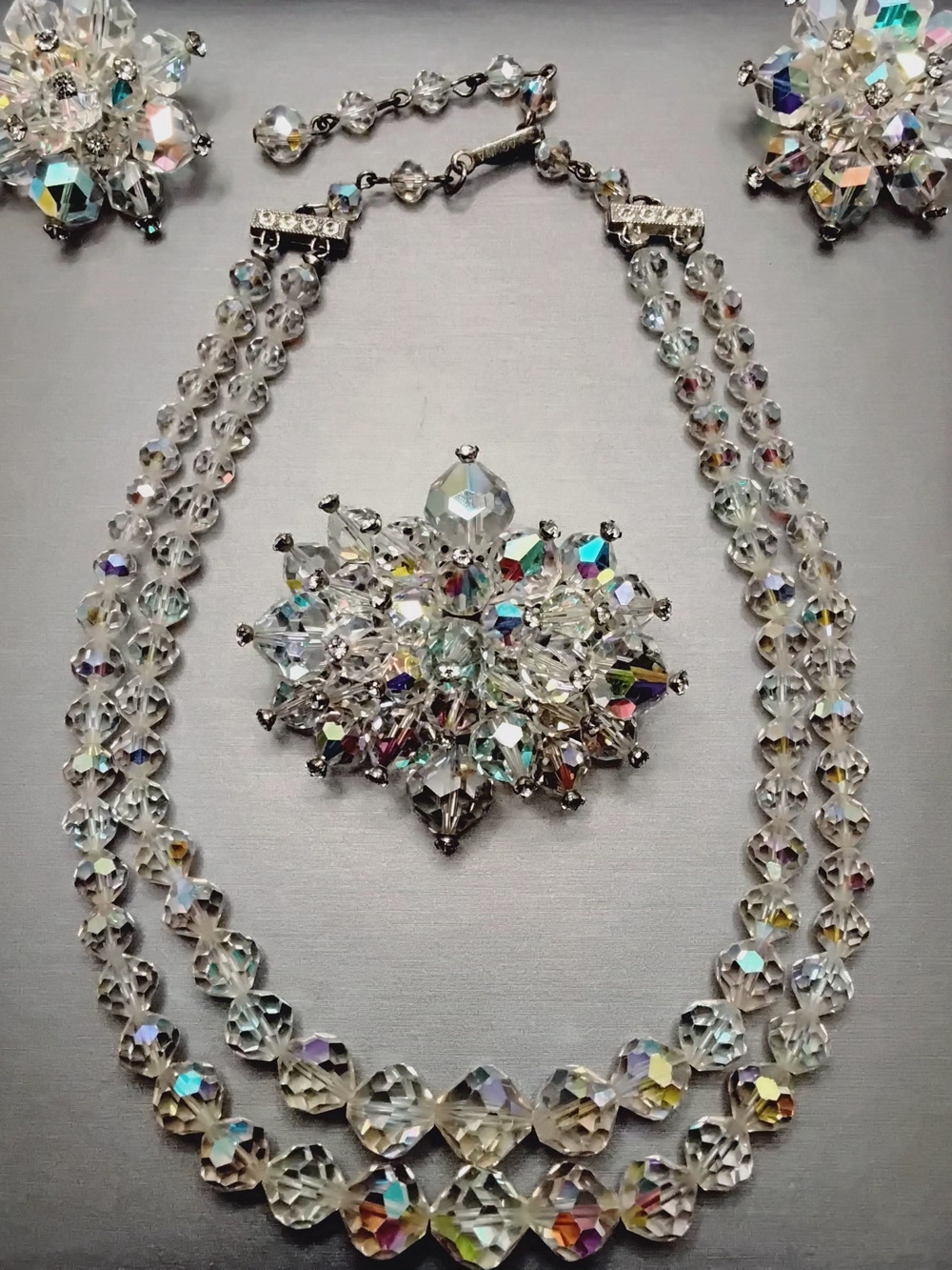 Vintage Laguna Clear Aurora Crystal 2-Strand Necklace, Brooch & Earrings